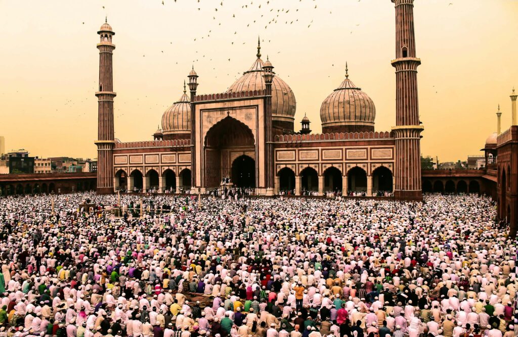 A large crowd gathers for prayer at the iconic Jama Masjid during Ramadan. Eid Ul Fitr